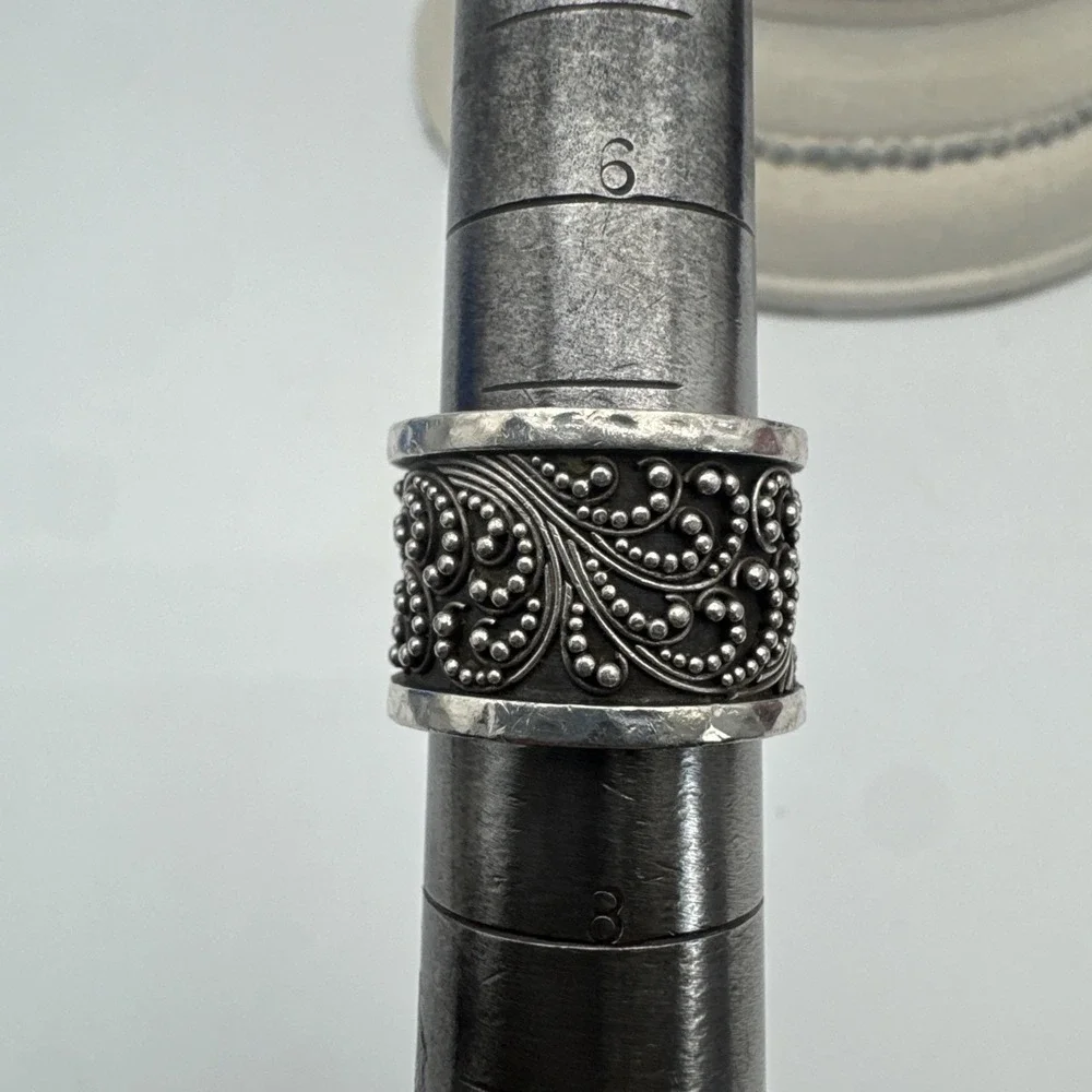 LOIS HILL Sterling Silver BEADED GRANULATED SCROLL DESIGN WIDE BAND RING size 7